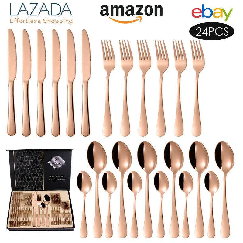 24 Pcs Gold Stainless Steel Flatware Set | 1,000 Box MOQ | Wholesale Cutlery