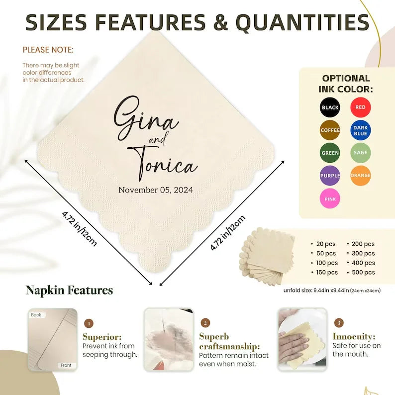 Personalized Scalloped Napkins | Custom Name/Date, 50,000 Pcs MOQ