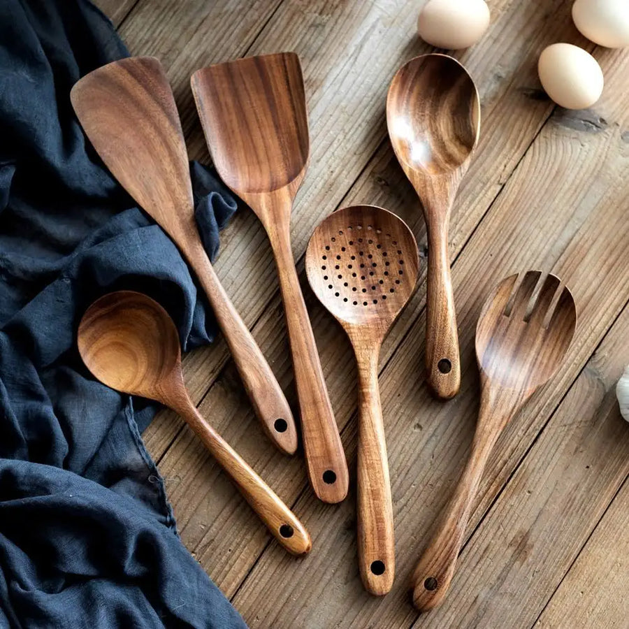 Acacia Teak Wood Utensil Set 9-Piece | Non-Stick | 1 MOQ | Custom Logo