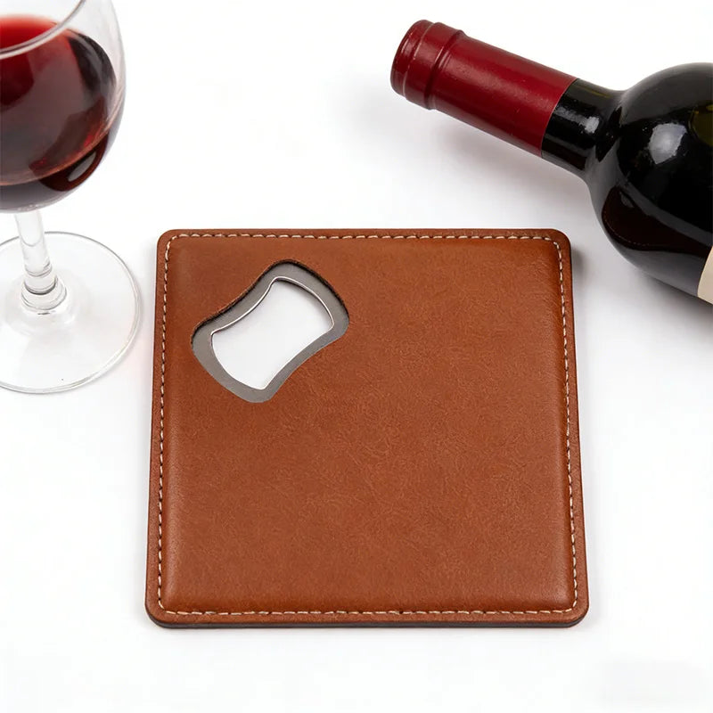 Custom PU Leather Coaster Bottle Opener 200pcs MOQ | Engraved Round Gift for Weddings & Breweries