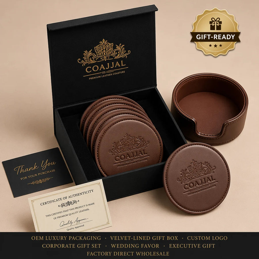 Custom Debossed Coaster Set with Holder | 6-Piece | Logo MOQ 500