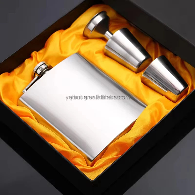 Custom Metal Flask with Logo — Matte Black Gift Set