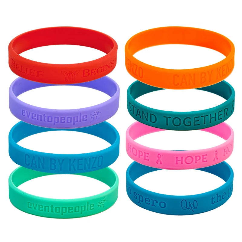 Custom Silicone Wristbands 100pcs MOQ | From $0.12/pc, Free Artwork, 6 Widths, Glow/UV Colors