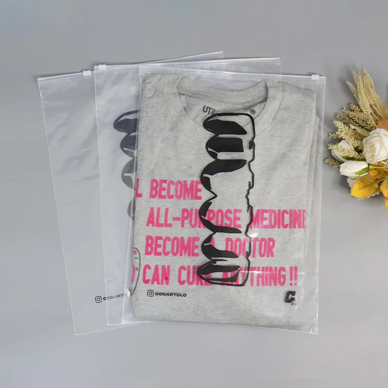 Custom Plastic T-Shirt Bags | Frosted Zip Lock | MOQ 100