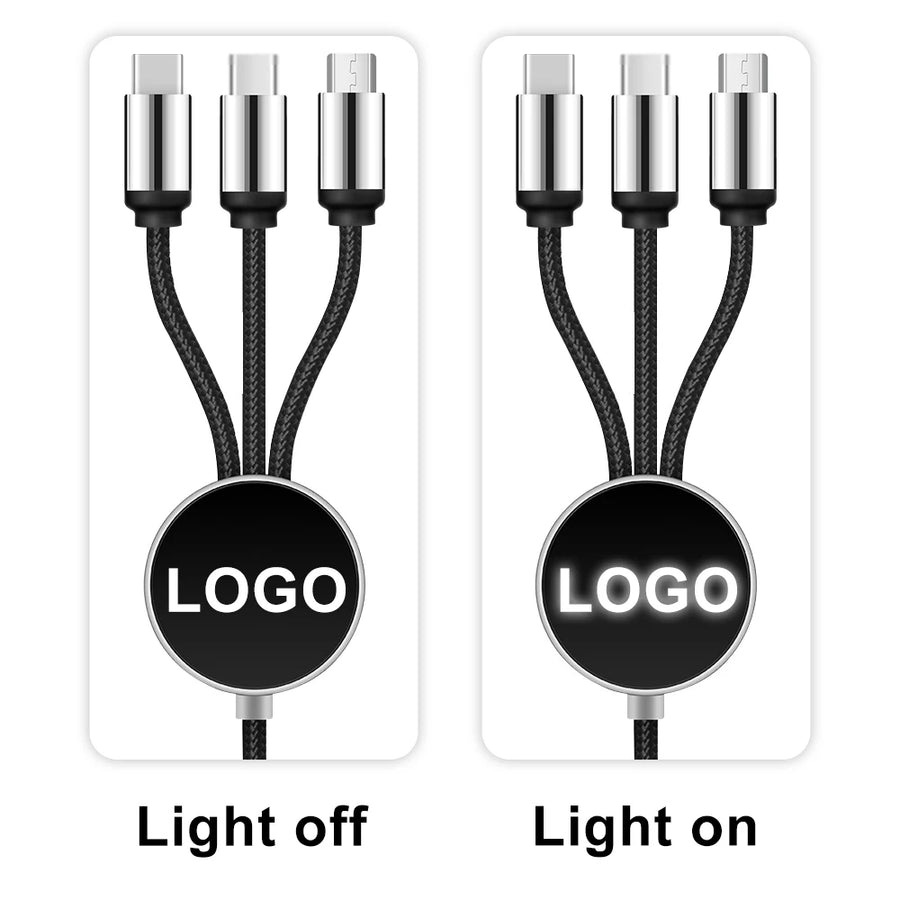 Custom 3-in-1 Braided Charging Cable with LED Logo Disc