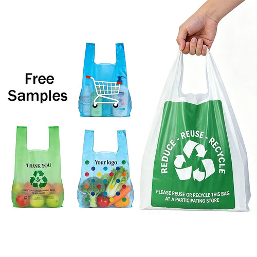 Bulk Recyclable Custom logo T-shirt Bags Food Grade Thickened for Checkout Supermarket Commercial Shopping Bags