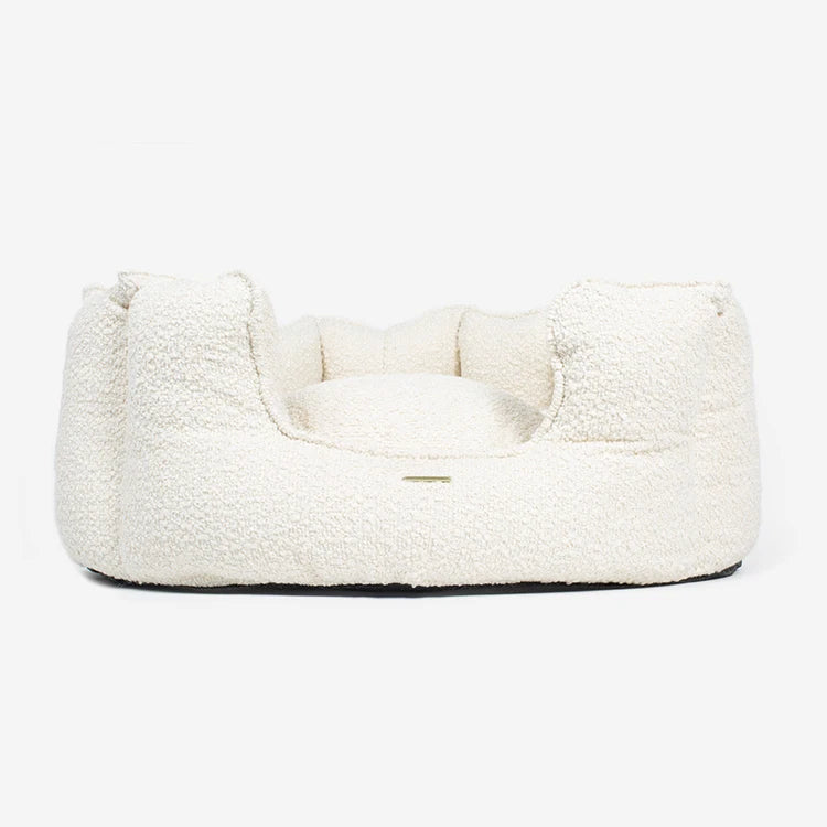 Custom Boucle Pet Bed with Logo | Round Bolster MOQ 500