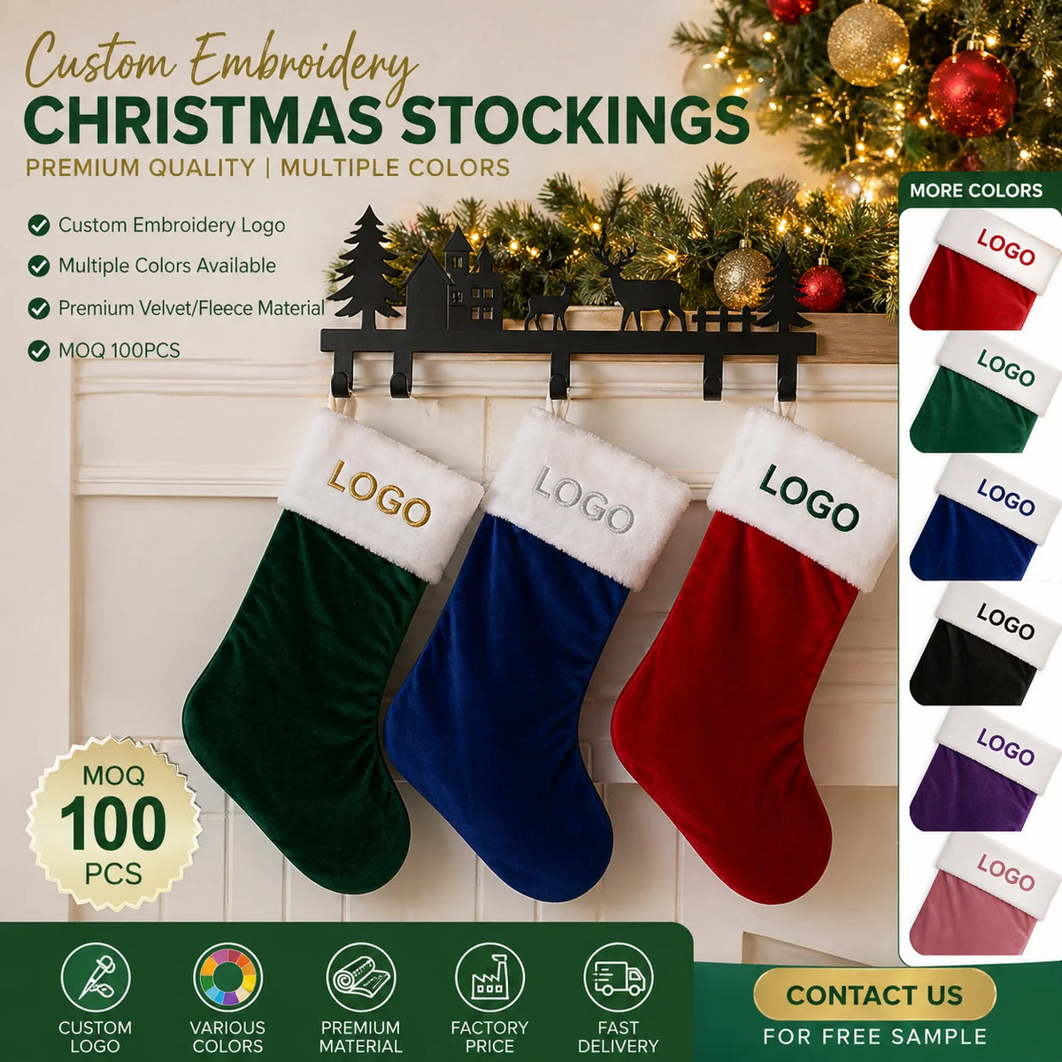 Embroidered Christmas Stockings with Logo | 18-inch Velvet | Bulk