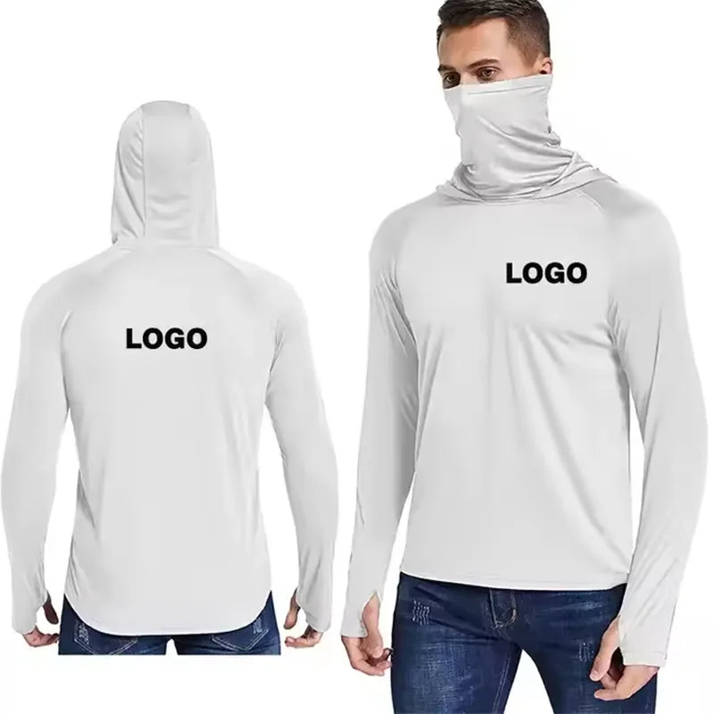Custom Wholesale Men's Long Sleeve Performance Hoodie Anti-UV Fishing Wear with Mask UPF 50 Sun protection Clothes Fishing Shirt