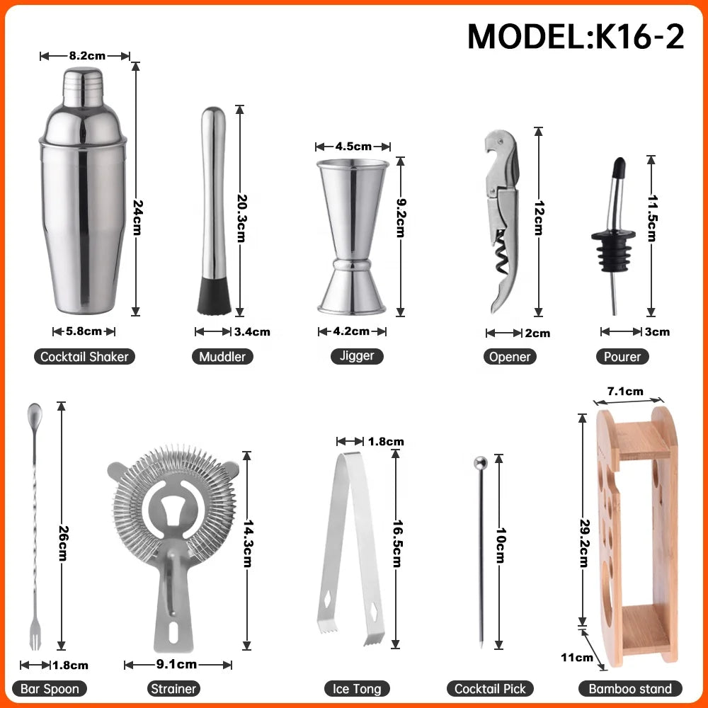 16-Piece Barware Set with Bamboo Stand | 700ml Shaker | 100 MOQ