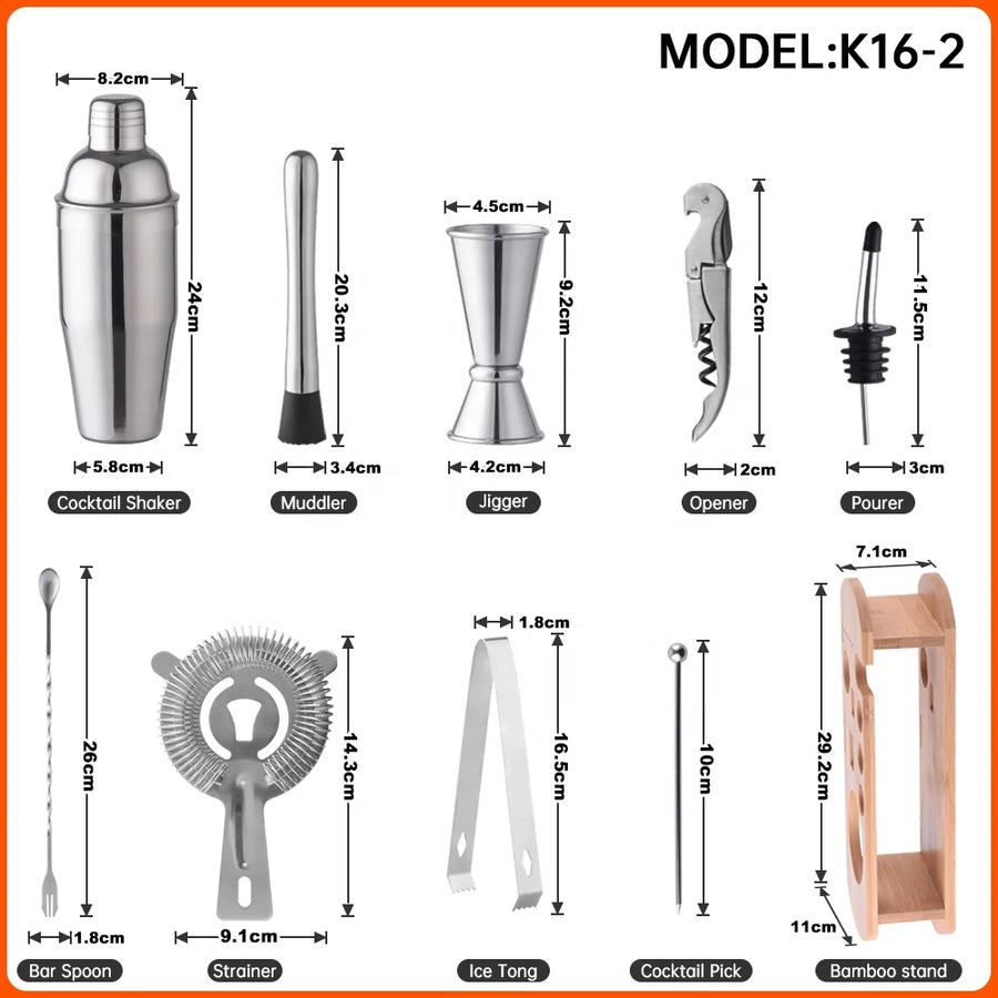 16-Piece Barware Set with Bamboo Stand | 700ml Shaker | 100 MOQ