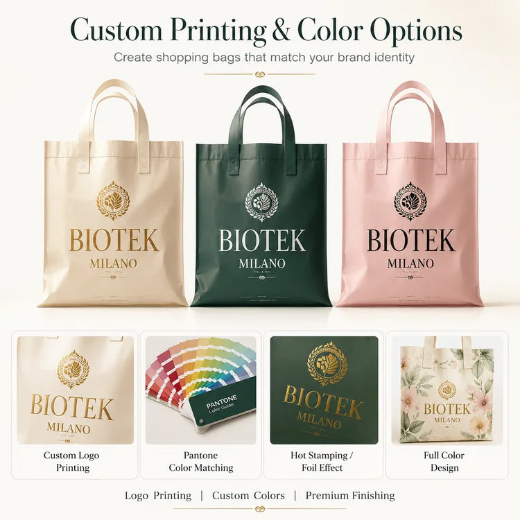 Custom CPE Shopping Bags with Logo | 500 MOQ Die-Cut Handles Retail