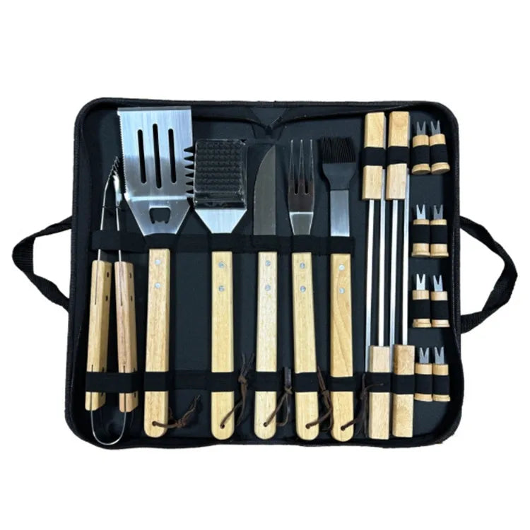 Custom Wooden Handle BBQ Tool Set: Stainless Steel, Laser Engraved Logo, MOQ 100 for Grilling & Camping