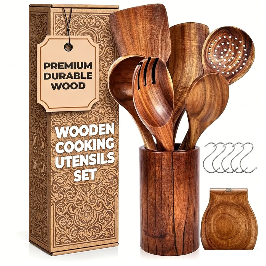 Acacia Teak Wood Utensil Set 9-Piece | Non-Stick | 1 MOQ | Custom Logo