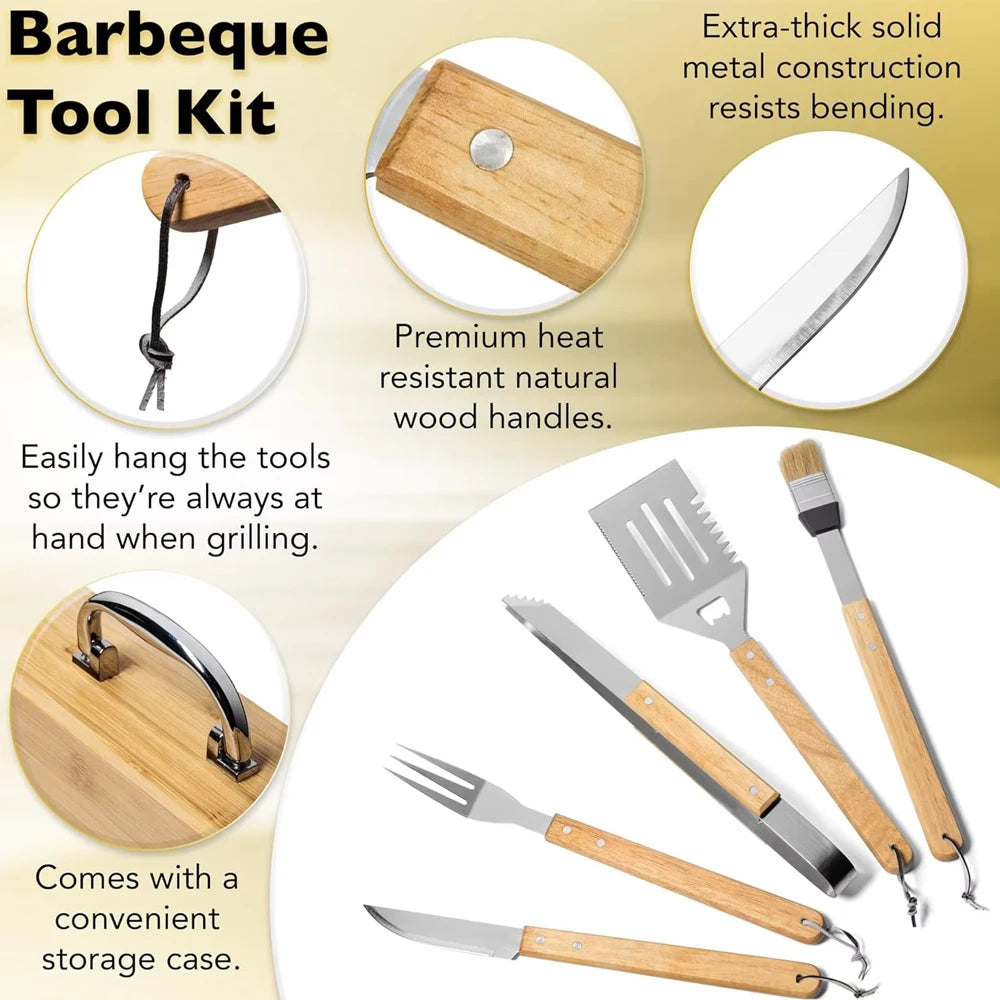 Wood Handle BBQ Tool Kit | 6-Piece Grilling Set