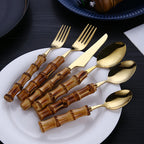 Vintage Bamboo Handle Flatware Set | Gold Mirror Polish | Custom Logo