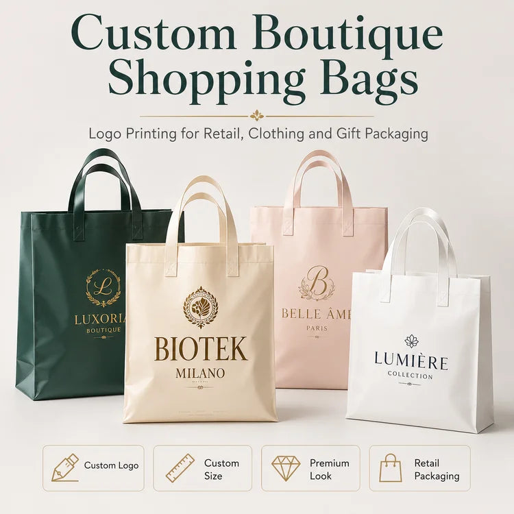 Custom CPE Shopping Bags with Logo | 500 MOQ Die-Cut Handles Retail