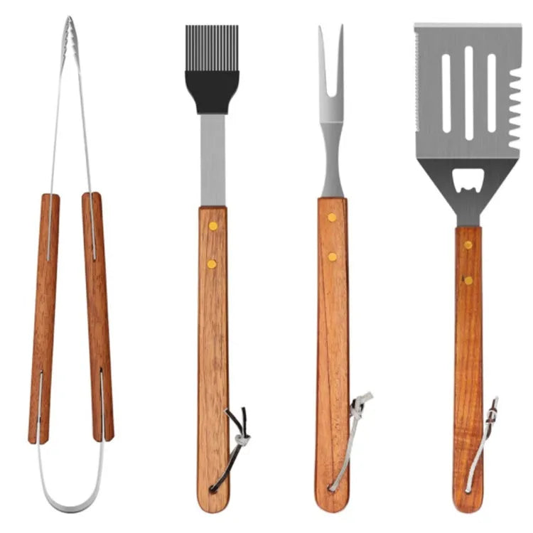Custom Wooden Handle BBQ Tool Set: Stainless Steel, Laser Engraved Logo, MOQ 100 for Grilling & Camping