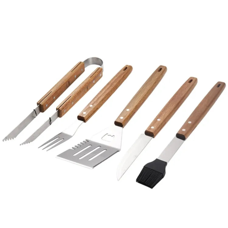 Custom Wooden Handle BBQ Tool Set: Stainless Steel, Laser Engraved Logo, MOQ 100 for Grilling & Camping