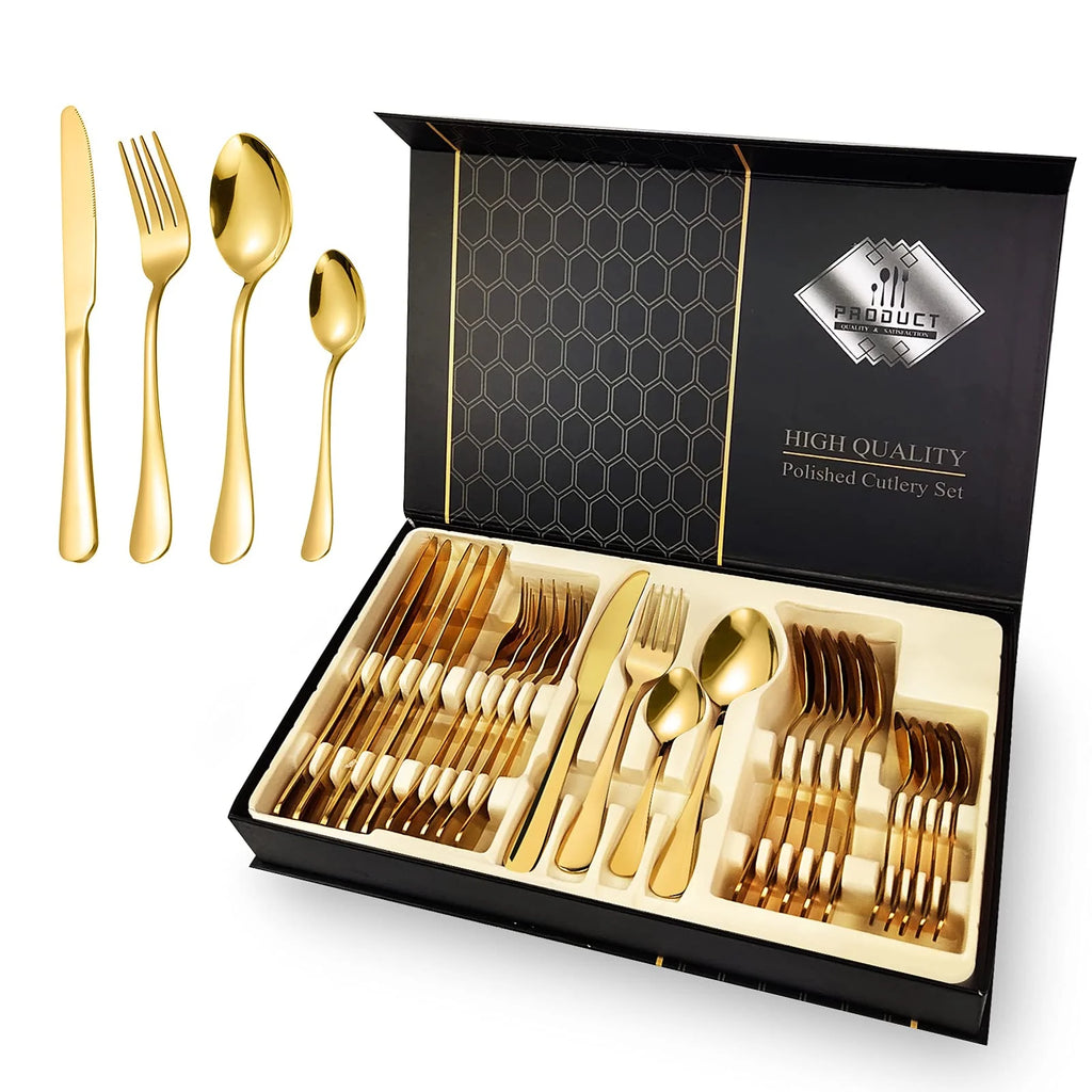 24 Pcs Gold Stainless Steel Flatware Set | 1,000 Box MOQ | Wholesale Cutlery