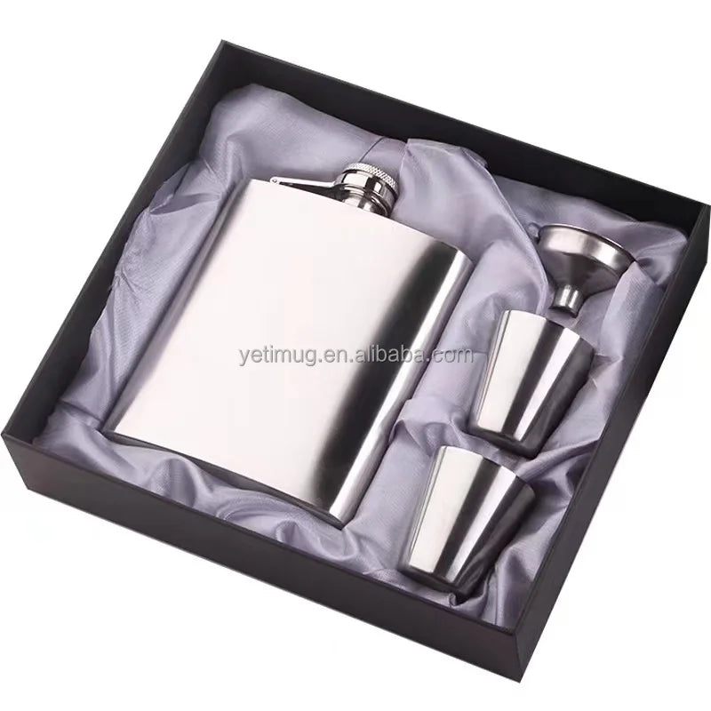 Custom Metal Flask with Logo — Matte Black Gift Set
