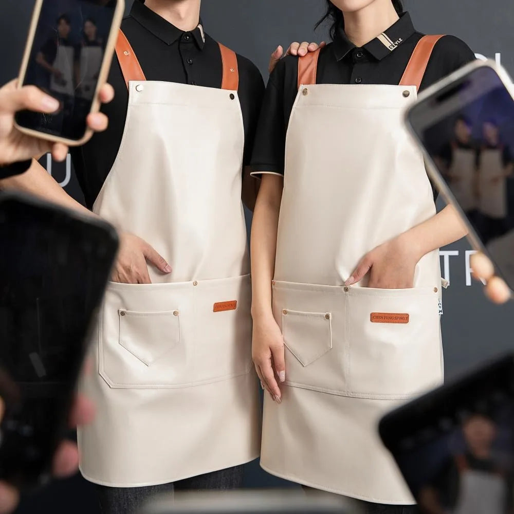 Custom PU Leather Sleeved Aprons with Logo | 50 MOQ for Restaurant Kitchen & Catering Staff Uniforms