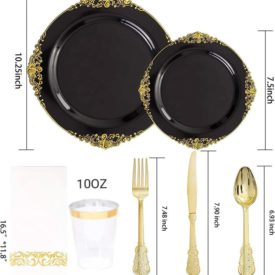 Black Gold Rim Plastic Plates — 2 MOQ, 45-Day Lead, Premium Event