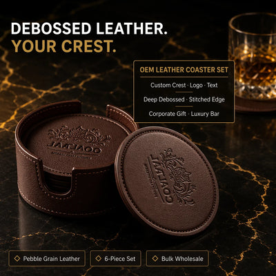 Custom Debossed Coaster Set with Holder | 6-Piece | Logo MOQ 500