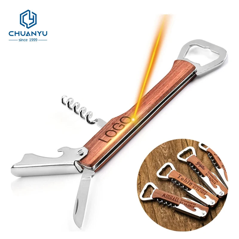 Wooden Wine Bottle Opener | Custom Laser Engraving | 3-in-1 Corkscrew