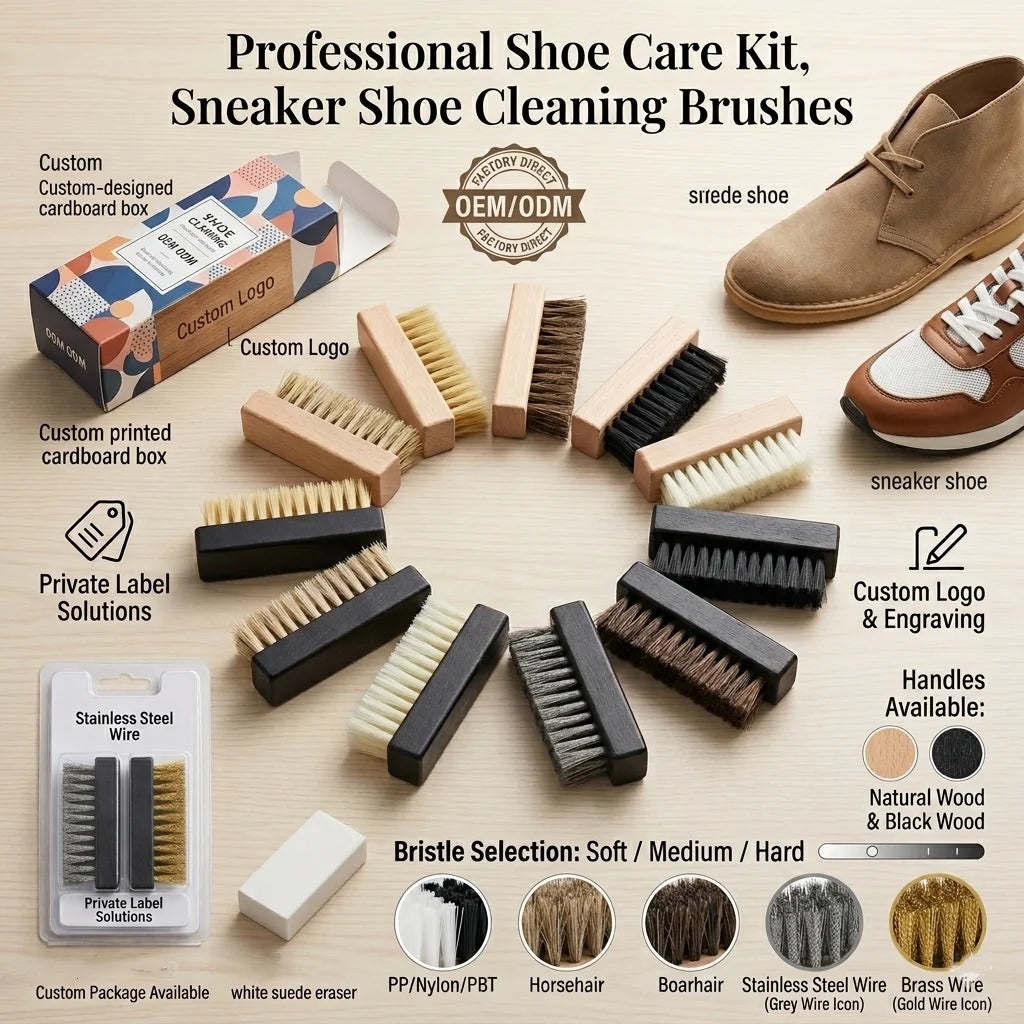 Custom Logo Shoe Cleaning Brush OEM ODM | Wood Handle Horsehair Bristle Kit for Sneaker Leather Suede Bulk Orders
