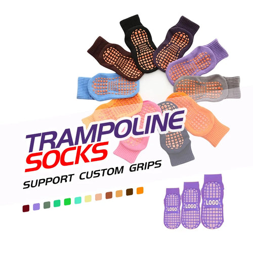 Custom Anti-Slip Trampoline Socks | Adult Kids Non-Slip Rubber Grip | 500 MOQ | Polyester/Spandex