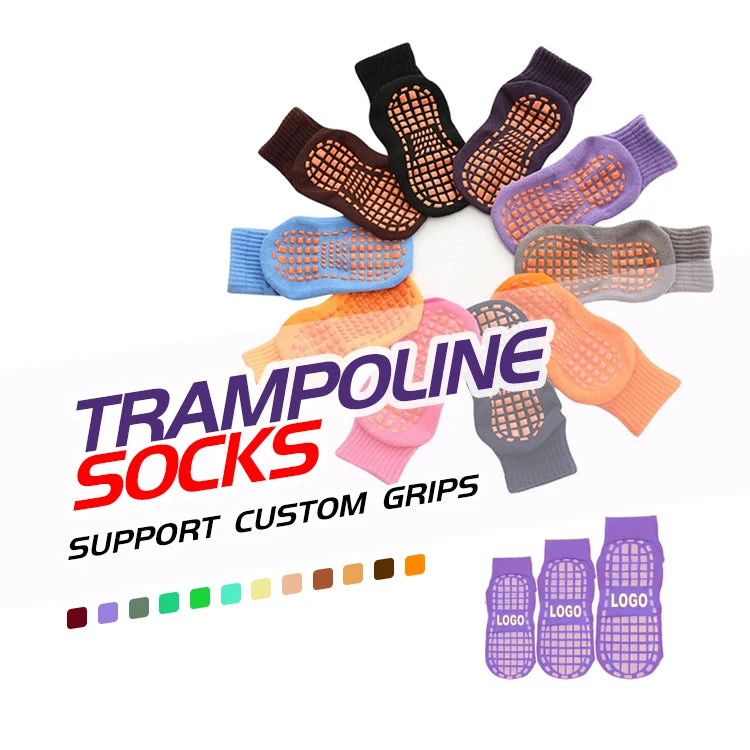 Custom Anti-Slip Trampoline Socks | Adult Kids Non-Slip Rubber Grip | 500 MOQ | Polyester/Spandex
