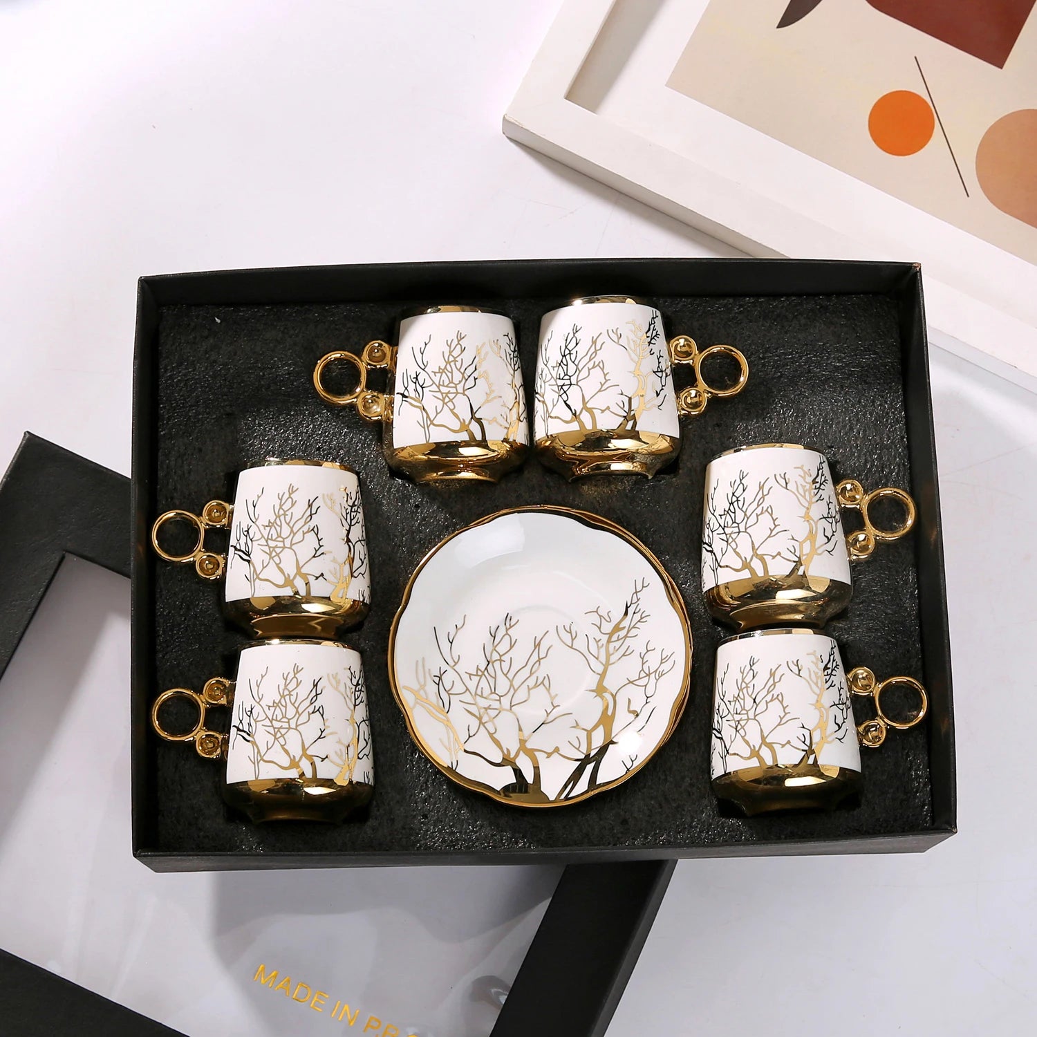 Gold Rimmed Arabic Coffee Cup Set 6pcs | 200 Logo MOQ | EU Certified