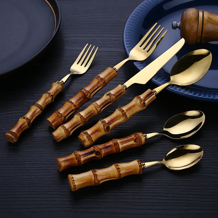 Vintage Bamboo Handle Flatware Set | Gold Mirror Polish | Custom Logo