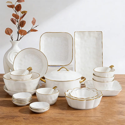 Nordic Ceramic Dinnerware Set | Gold Rim Tableware