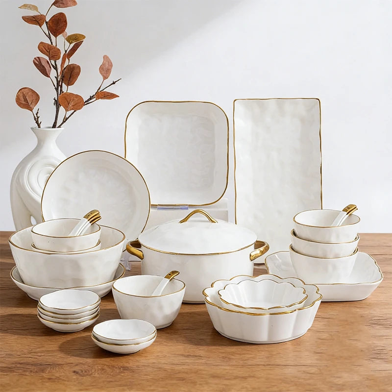 Nordic Ceramic Dinnerware Set | Gold Rim Tableware