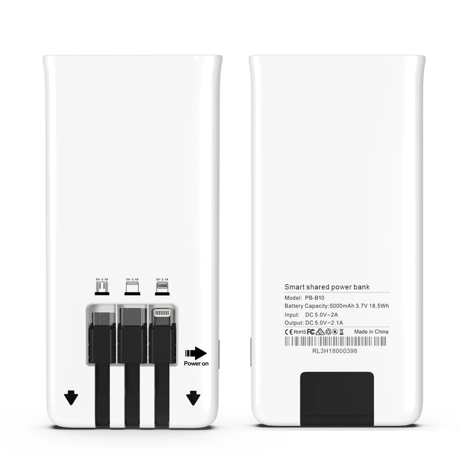 Portable 5000mAh Shared Power Bank with Built-In Cables for Phone Charging
