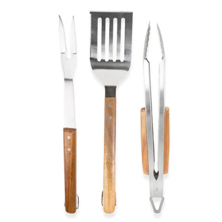 Custom Wooden Handle BBQ Tool Set: Stainless Steel, Laser Engraved Logo, MOQ 100 for Grilling & Camping
