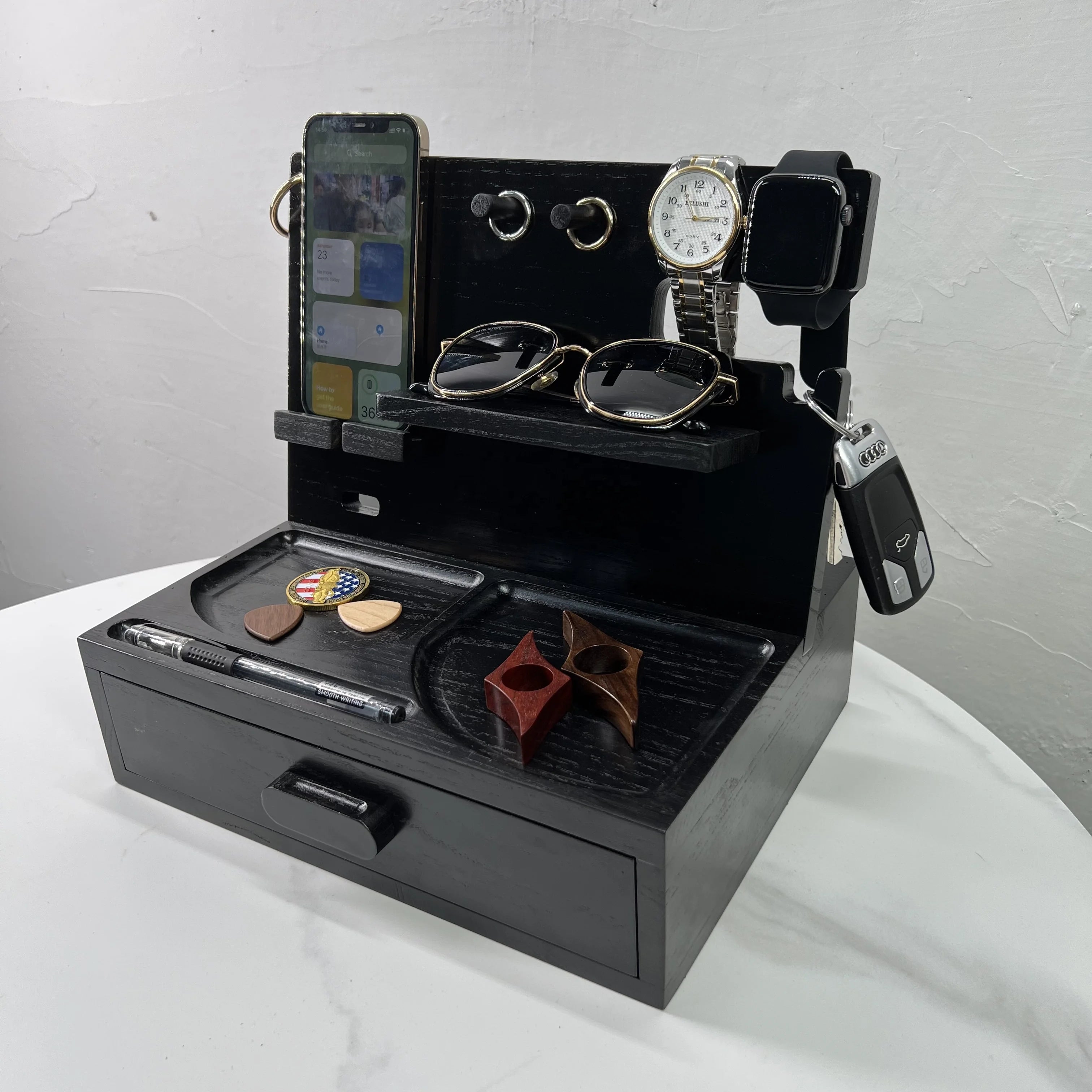 Custom Solid Wood Docking Station with Drawer | Laser Engraved, 100 MOQ, Ash-Tree