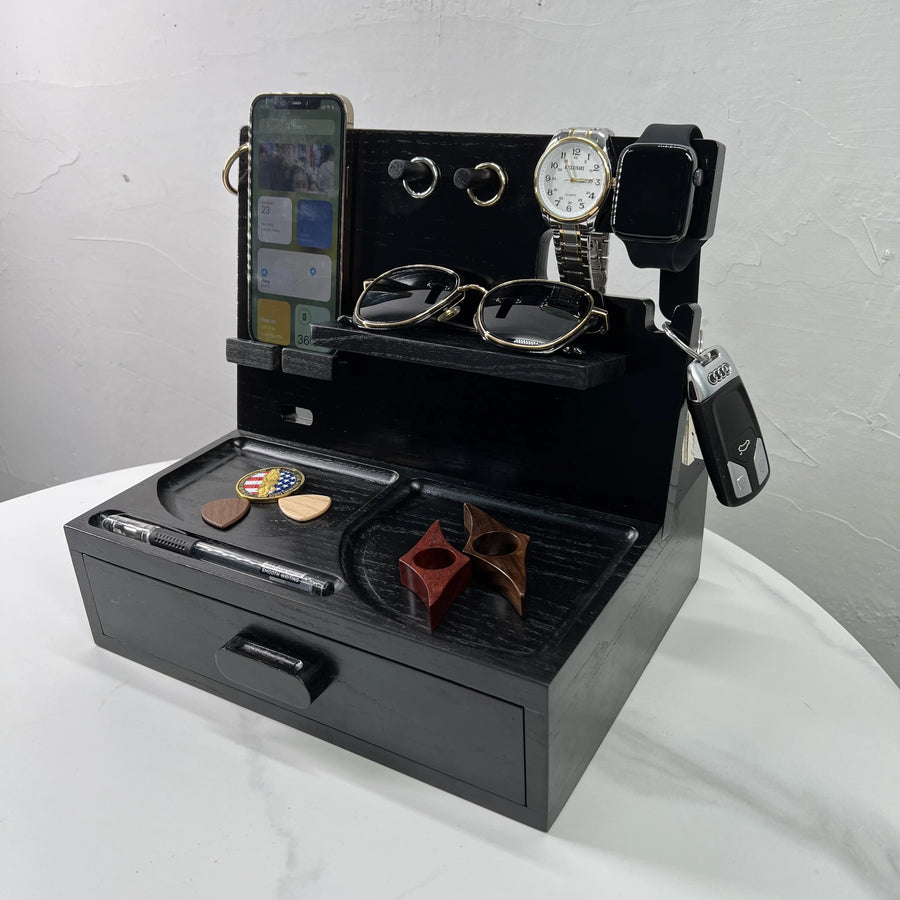 Custom Solid Wood Docking Station with Drawer | Laser Engraved, 100 MOQ, Ash-Tree