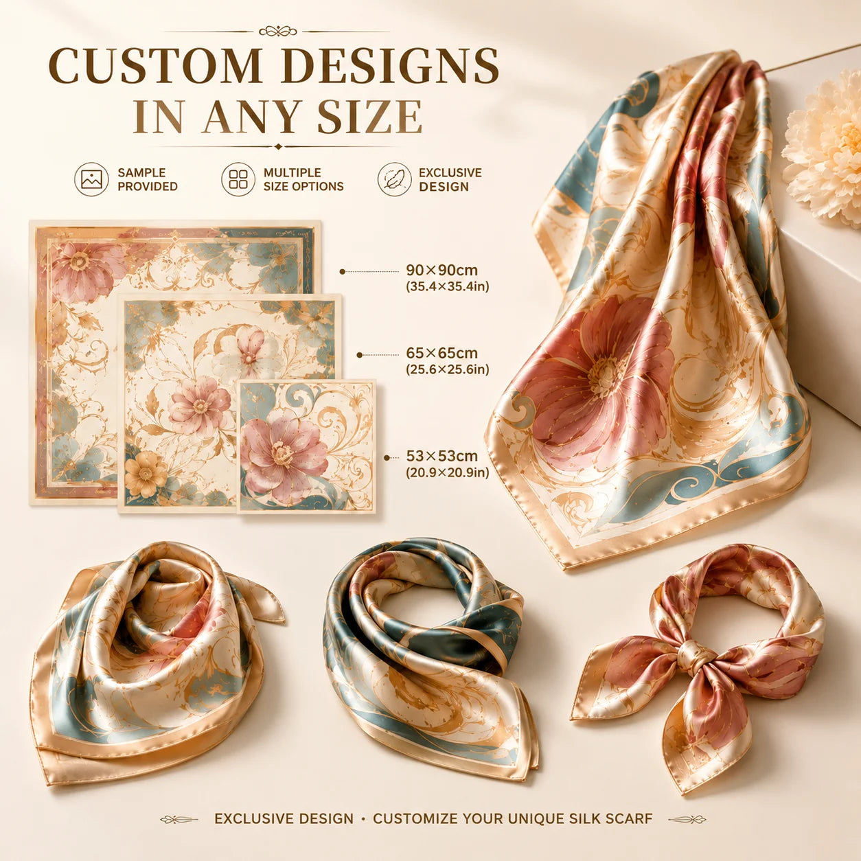 Private Label 18 Momme Mulberry Silk Scarves | Custom Woven Labels & Luxury Packaging | 100-Piece MOQ