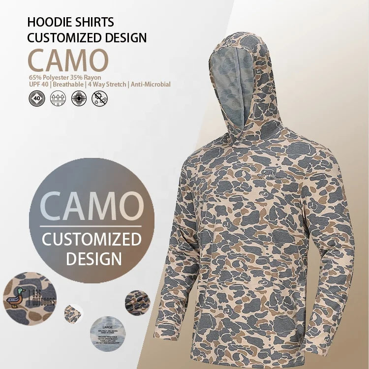 Custom Sublimation Hoodie 65% Polyester | Wholesale Camo Fishing Shirt Corporate