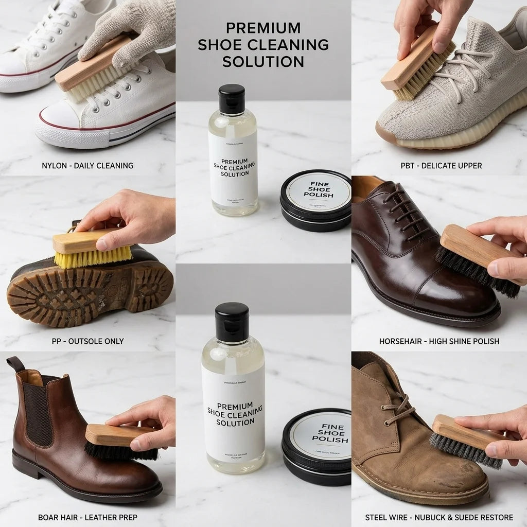 Custom Logo Shoe Cleaning Brush OEM ODM | Wood Handle Horsehair Bristle Kit for Sneaker Leather Suede Bulk Orders