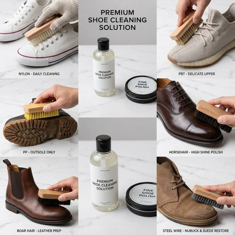 Custom Logo Shoe Cleaning Brush OEM ODM | Wood Handle Horsehair Bristle Kit for Sneaker Leather Suede Bulk Orders