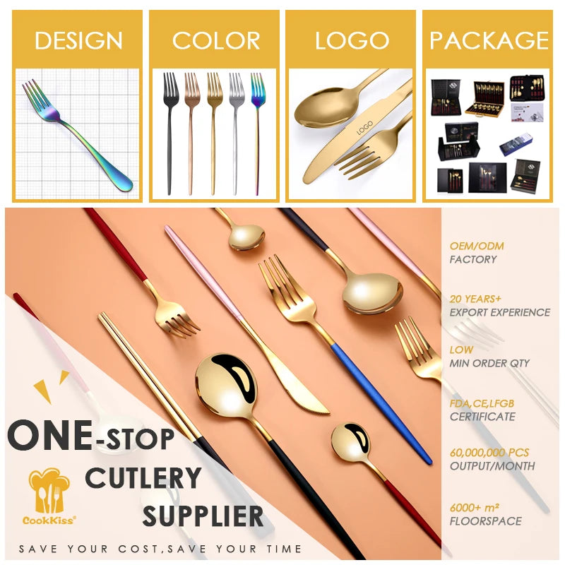 24 Pcs Gold Stainless Steel Flatware Set | 1,000 Box MOQ | Wholesale Cutlery