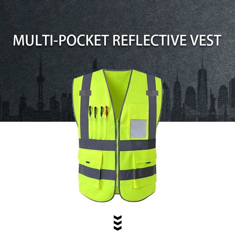 Custom High Visibility Reflective Safety Vest – Multi Pocket Breathable Mesh Workwear for Construction, Road Crew & Security