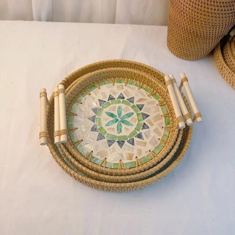 Double-Ear Rattan Fruit Plate | Hand-Woven | 50 MOQ | Colorful Shell
