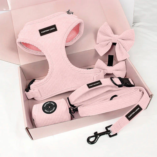 Custom Dog Harness with Logo | Pink Corduroy Leash Set MOQ 60