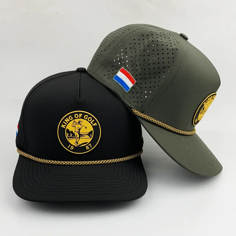 Waterproof Golf Hats Club Company Customized Sports 5 Panel Baseball Cap Hydro Breathable Rope with Rubber/PVC Logo Gorras