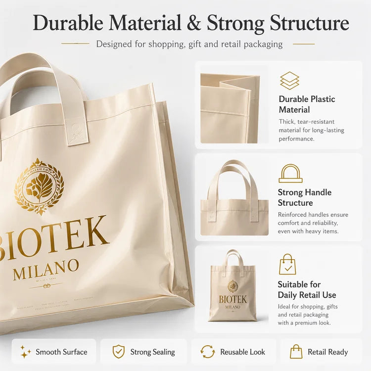Custom CPE Shopping Bags with Logo | 500 MOQ Die-Cut Handles Retail